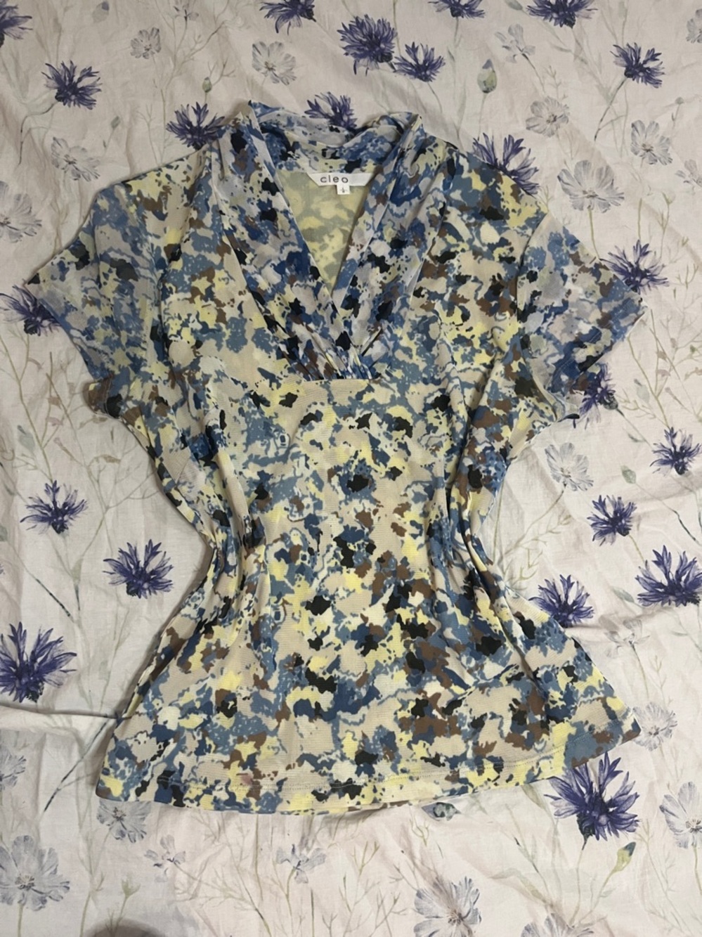 cleo Blue and Cream Short-Sleeve V-Neck Floral Print Top - Picture 3 of 5